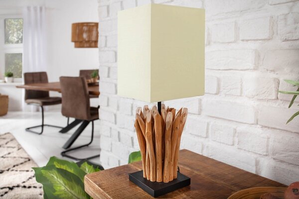 Estila Etno štvorcová masívna stolná lampa Roots s krémovým ľanovým tienidlom a dekoratívnou nohou z drevených konárov 55 cm