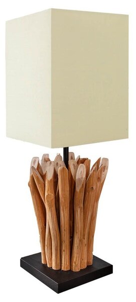 Estila Etno štvorcová masívna stolná lampa Roots s krémovým ľanovým tienidlom a dekoratívnou nohou z drevených konárov 55 cm
