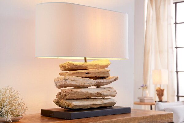 Estila Štýlová etno stolná lampa Duna s masívnou hnedou drevenou základňou a béžovým oválnym ľanovým tienidlom 55 cm