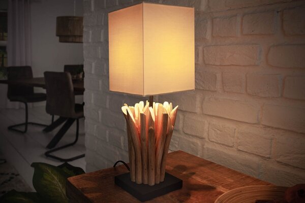 Estila Etno štvorcová masívna stolná lampa Roots s krémovým ľanovým tienidlom a dekoratívnou nohou z drevených konárov 55 cm