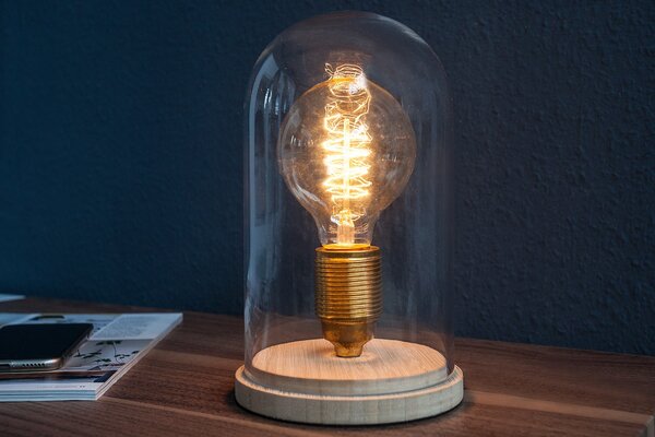 Estila Dizajnová retro stolná lampa Edison s hnedou drevenou podstavou a priehľadným skleneným tienidlom 22 cm