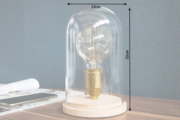 Estila Dizajnová retro stolná lampa Edison s hnedou drevenou podstavou a priehľadným skleneným tienidlom 22 cm