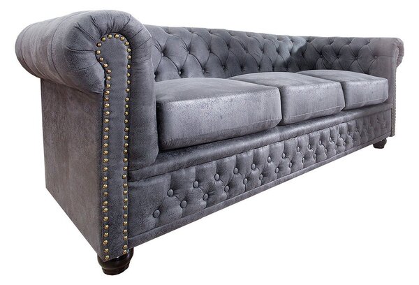 Estila Luxusná chesterfield kožená trojmiestna čalúnená sedačka Chesterfield Grau v sivej farbe so zlatými nitmi 200 cm