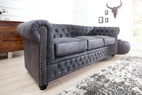 Estila Luxusná chesterfield kožená trojmiestna čalúnená sedačka Chesterfield Grau v sivej farbe so zlatými nitmi 200 cm