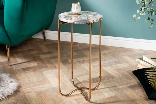 Estila Art deco okrúhly príručný stolík Jaspe so zlatou kovovou podstavou a odnímateľnou doskou z modrého achátu 61 cm