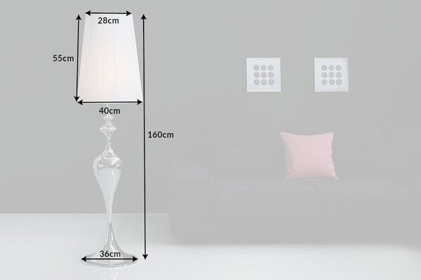 Estila Glamour stojaca lampa Lucie s tvarovanou chrómovou podstavou v striebornej farbe a bielym okrúhlym tienidlom z nylonu 160 cm