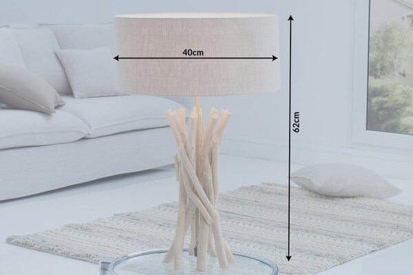 Estila Dizajnová vidiecka stolná lampa Cara s organickou podstavou z naplaveného dreva a ľanovým tienidlom béžová 62 cm