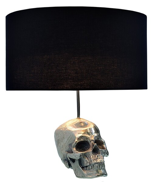 Estila Štýlová glamour okrúhla kovová strieborná stolná lampa Skull s nohou v podobe lebky a čiernym textilným tienidlom 44 cm