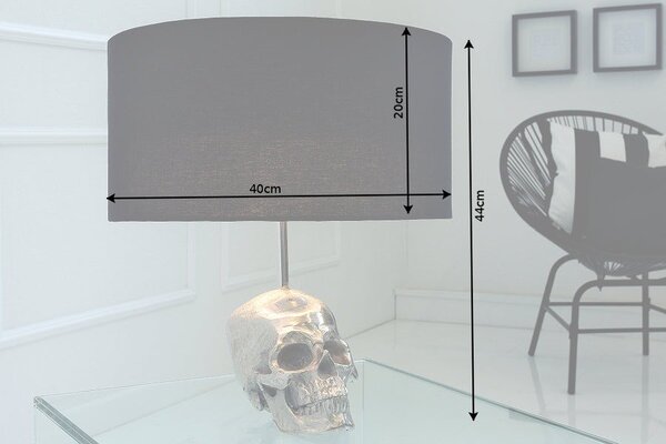 Estila Štýlová glamour okrúhla kovová strieborná stolná lampa Skull s nohou v podobe lebky a čiernym textilným tienidlom 44 cm