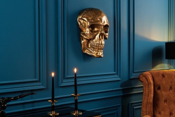 Estila Glamour nástenná dekorácia Skull v tvare realistickej zlatej lebky z kovu s lesklým povrchom 40 cm