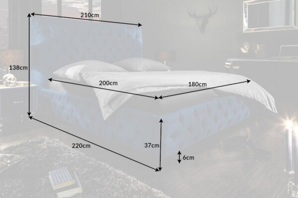 Estila Chesterfield manželská posteľ Kreon v modrom zamatovom poťahu na matrac 180x200cm