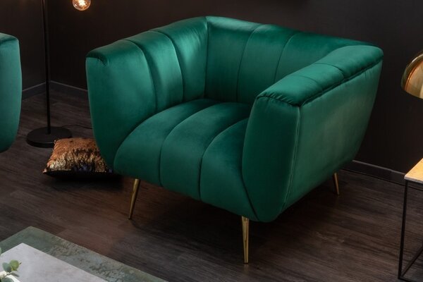 Estila Art-deco zelené zamatové kreslo Vermont so zlatými nožičkami 80cm