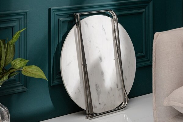 Estila Art-deco biely kruhový konferenčný stolík Jaspe s mramorovou doskou a nohami z kovu 62cm