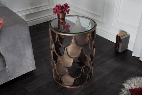 Estila Art-deco bronzový príručný stolík Escama s kruhovou doskou zo skla a motívom šupín 40cm