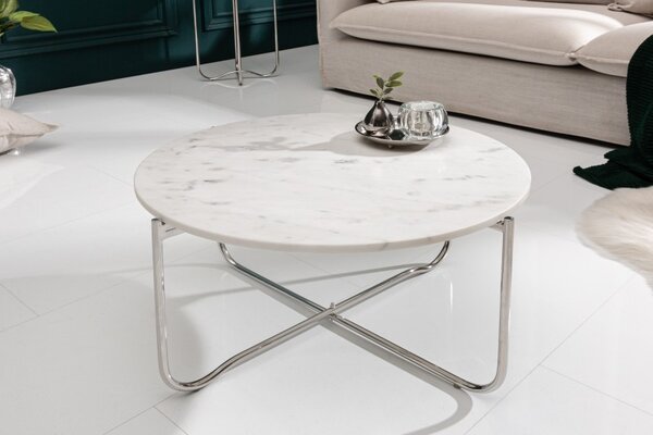 Estila Art-deco biely kruhový konferenčný stolík Jaspe s mramorovou doskou a nohami z kovu 62cm