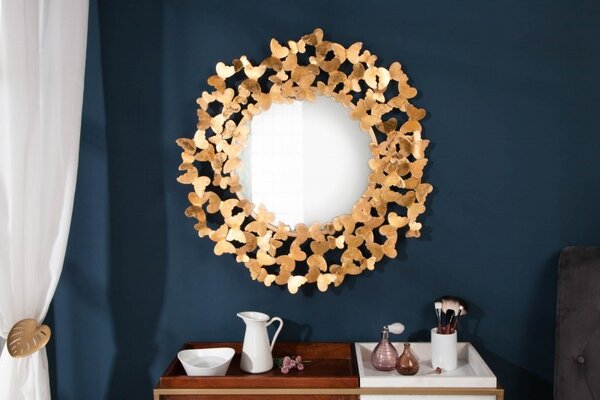 Estila Art-deco nadčasové okrúhle nástenné zrkadlo Papillon v ráme zlatej farby 78cm