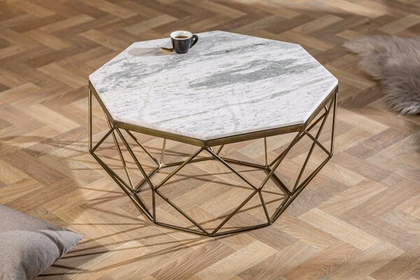 Estila Art-deco štýlový konferenčný stolík Adamantino s bielou mramorovou doskou a bronzovou konštrukciou v tvare diamantu 69cm