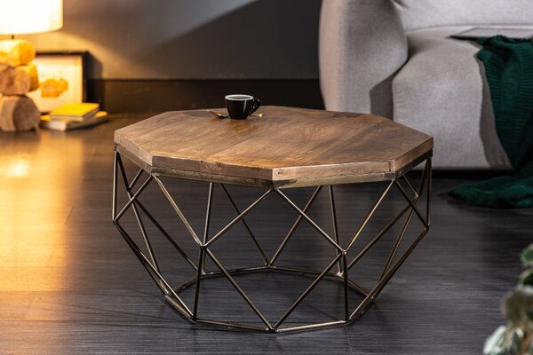 Estila Art-deco jedinečný konferenčný stolík Adamantino s drevenou doskou a kovovou konštrukciou v tvare diamantu 69cm