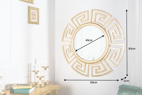Estila Art deco okrúhle nástenné zrkadlo Euphoria so zlatým kovovým rámom s geometrickým vzorom a hladkým lesklým povrchom 85 cm