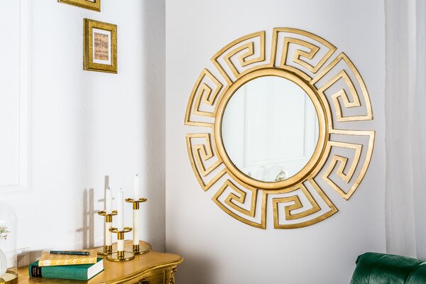 Estila Art deco okrúhle nástenné zrkadlo Euphoria so zlatým kovovým rámom s geometrickým vzorom a hladkým lesklým povrchom 85 cm