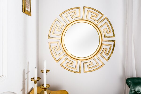 Estila Art deco okrúhle nástenné zrkadlo Euphoria so zlatým kovovým rámom s geometrickým vzorom a hladkým lesklým povrchom 85 cm