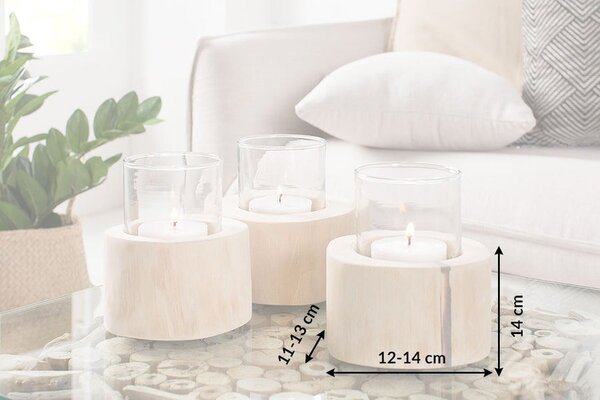 Estila Etno set troch okrúhlych teakových svietnikov Solaro v svetlo hnedej farbe s matným povrchom a sklenenou ochranou 14 cm