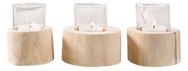 Estila Etno set troch okrúhlych teakových svietnikov Solaro v svetlo hnedej farbe s matným povrchom a sklenenou ochranou 14 cm