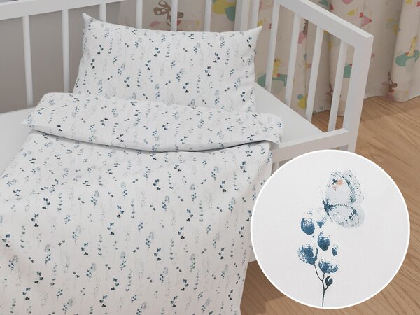 Biante Detské bavlnené posteľné obliečky do postieľky Sandra SA-398 Modré kvietky s motýlikmi Do postieľky 90x140 a 50x70 cm