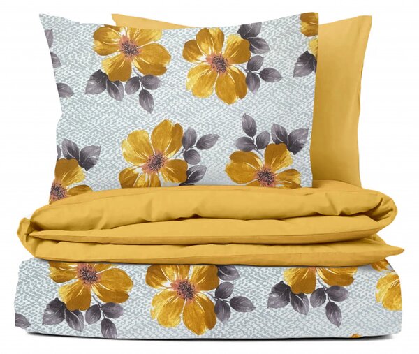 Ervi flanelové obliečky - oranžové kvety na šedom/žlté