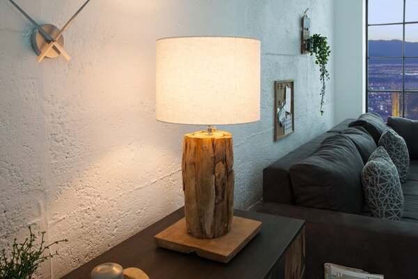 Estila Koloniálna drevená stolná lampa Pole II s polohovateľným ľanovým tienidlom v naturálnej bielej farbe 59-70cm