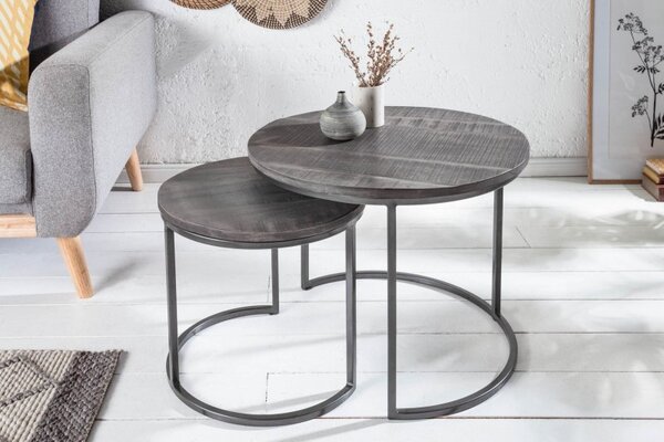 Industriálny set kruhových príručných stolíkov Elements z masívu sivej farby 55cm