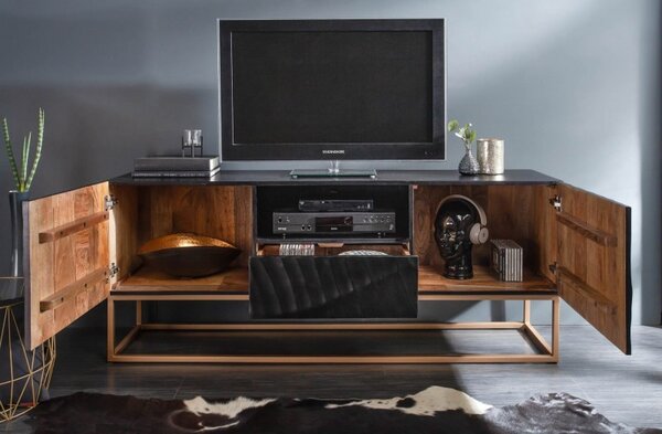 Estila Moderný masívny TV stolík Cumbria v čiernej farbe so zlatými nohami 160cm