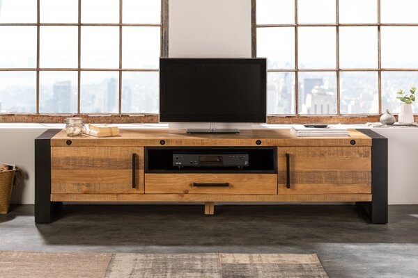 Estila Industriálny dizajnový TV stolík Adin z masívu a kovu so zásuvkou a dvierkami 200cm
