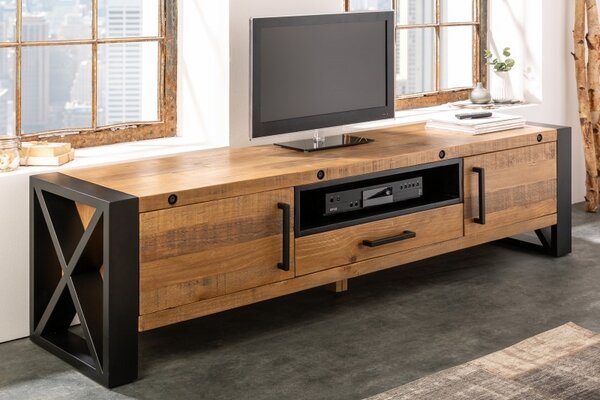 Estila Industriálny dizajnový TV stolík Adin z masívu a kovu so zásuvkou a dvierkami 200cm