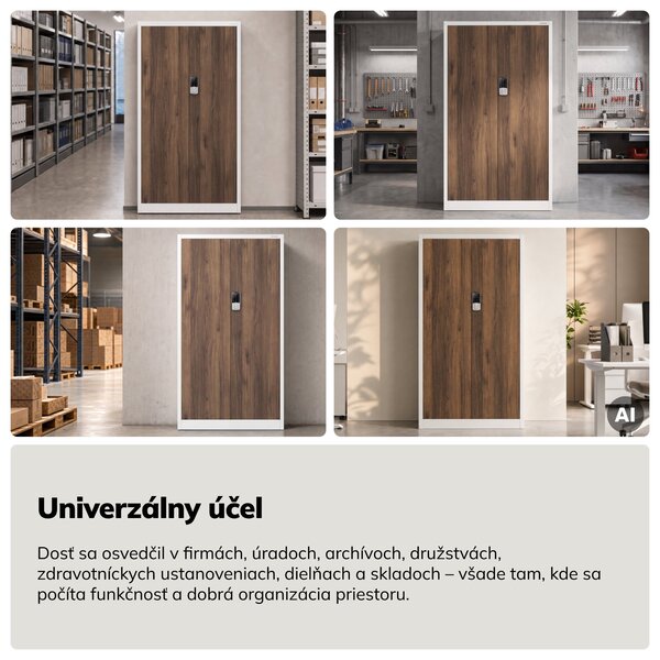 Kovová kancelárska skriňa so zámkom na kód biela, orech, 900x1850x400 mm: DANIEL Eco Design