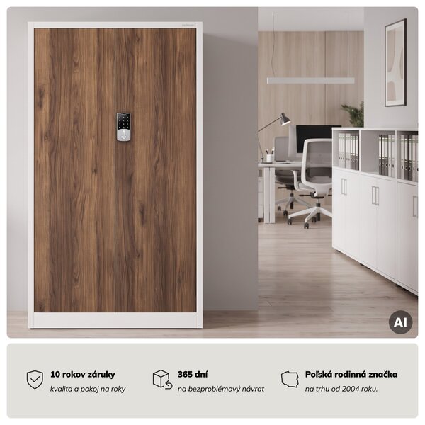 Kovová kancelárska skriňa so zámkom na kód biela, orech, 900x1850x400 mm: DANIEL Eco Design