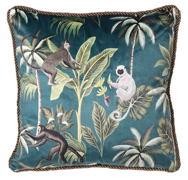 Estila Art-deco zelený vankúš Tropo so vzorom opíc a paliem 45cm