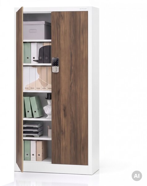 Kovová kancelárska skriňa so zámkom na kód biela, orech, 900x1850x400 mm: DANIEL Eco Design