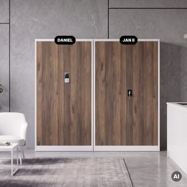 Kovová kancelárska skriňa so zámkom na kód biela, orech, 900x1850x400 mm: DANIEL Eco Design