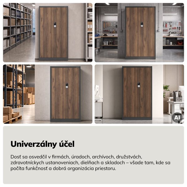 Kovová kancelárska skriňa so zámkom na kód antracitová, orech, 900x1850x400 mm: DANIEL Eco Design