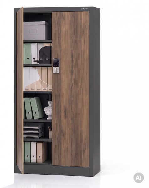Kovová kancelárska skriňa so zámkom na kód antracitová, orech, 900x1850x400 mm: DANIEL Eco Design