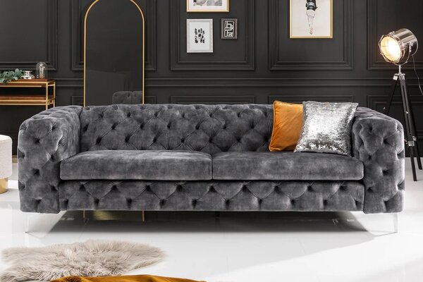 Estila Luxusná chesterfield trojmiestna sedačka Modern Barock v tmavosivej farbe so zamatovým poťahom 240 cm