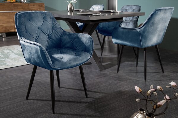 Estila Retro dizajnové tmavomodré čalúnené kreslo Milano s opierkami na ruky 84cm