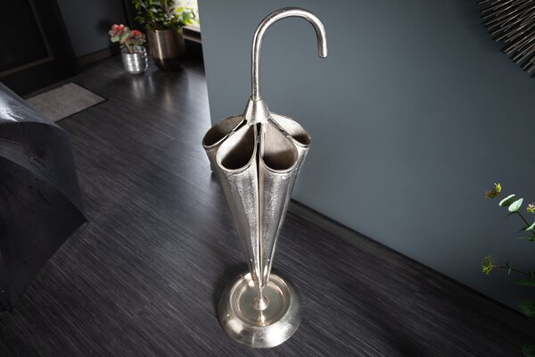 Estila Art-deco dizajnový kovový stojan na dáždniky Rociada striebornej farby v tvare dáždnika 91cm