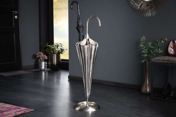 Estila Art-deco dizajnový kovový stojan na dáždniky Rociada striebornej farby v tvare dáždnika 91cm