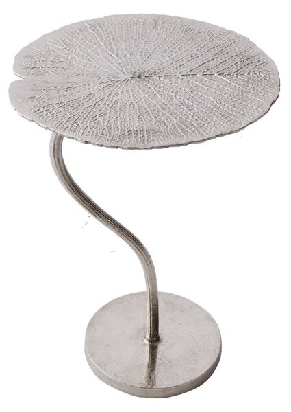 Estila Art-deco štýlový príručný stolík Zapalota z kovu v tvare listu v striebornej farbe 40cm