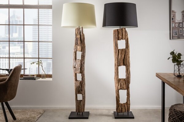 Estila Moderná dizajnová stojaca lampa Adelise v etno štýle s drevenou podstavou a s bielym tienidlom 177cm