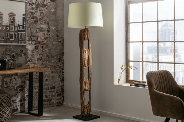 Estila Moderná dizajnová stojaca lampa Adelise v etno štýle s drevenou podstavou a s bielym tienidlom 177cm