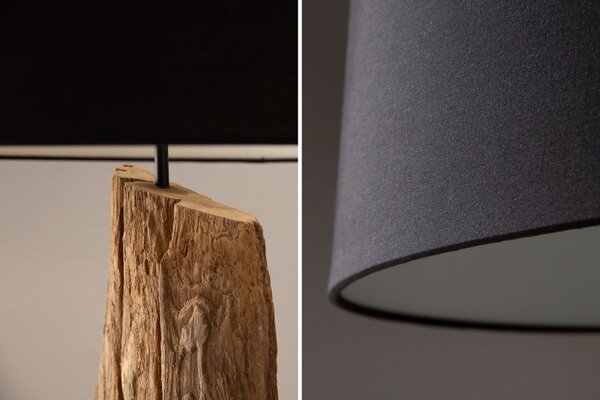 Estila Etno stojaca lampa Adelise s drevenou podstavou a čiernym tienidlom 177cm