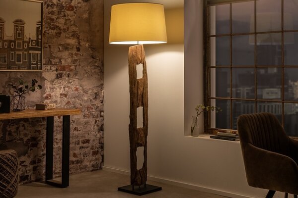 Estila Moderná dizajnová stojaca lampa Adelise v etno štýle s drevenou podstavou a s bielym tienidlom 177cm